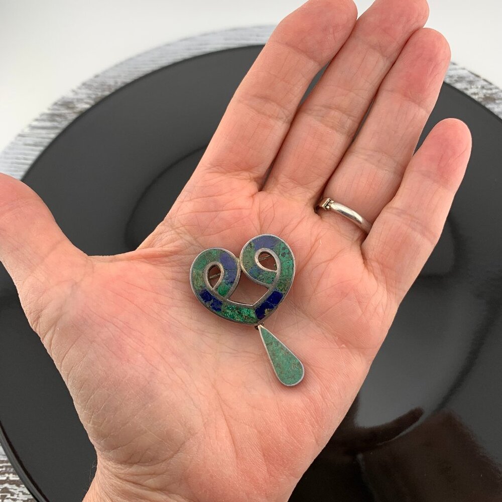 TAXCO Los Castillo Mexico Eagle 15 Heart Sterling Brooch Malachite Chrysocolla - Picture 5 of 10